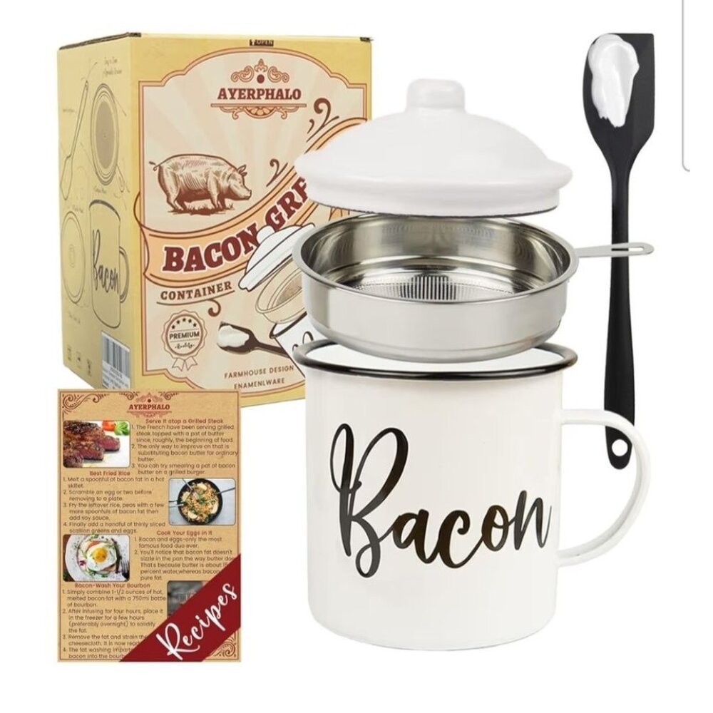 Bacon Grease Container Strainer & Silicone Spatula 46oz Enamel Design Farmhouse